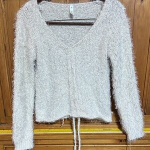 Wishlist Vneck drawstring fuzzy off white Sweater